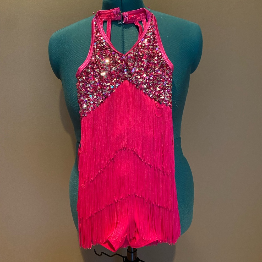 Bright pink dance costume with fringe and sequins. lightly worn. Short on bottom